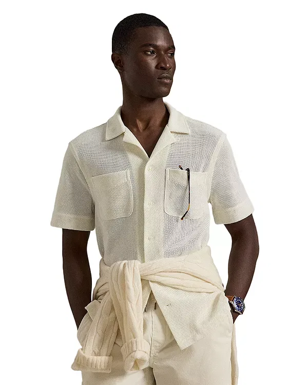 Мужская рубашка с принтом Textured Pointelle Camp Shirt Polo Ralph Lauren, Pale Cream