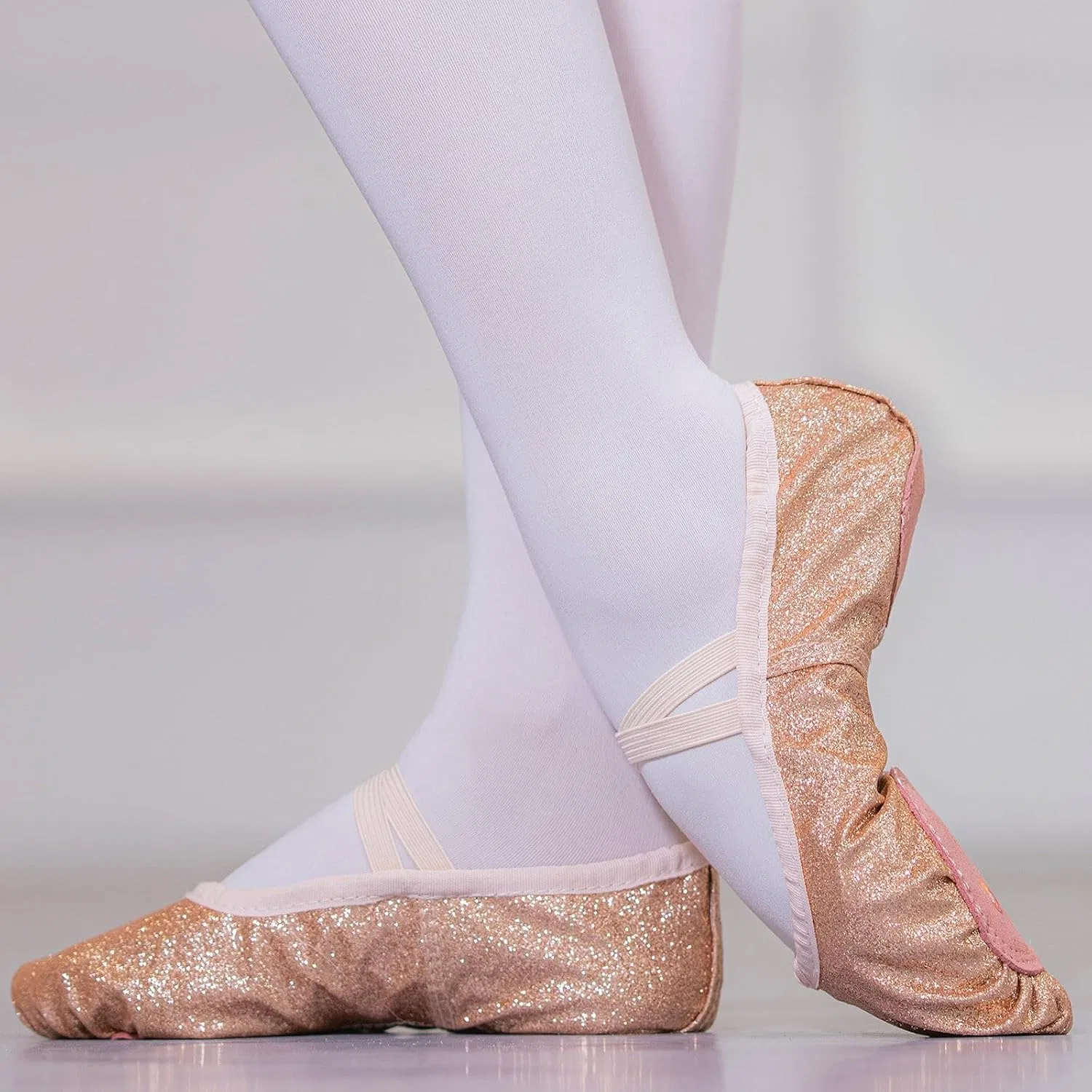 Детские балетки для девочек с блестками и принтом, модель Girls Ballet Shoes Glitter Split-Sole Dance Slippers, Rose Gold — фото 2
