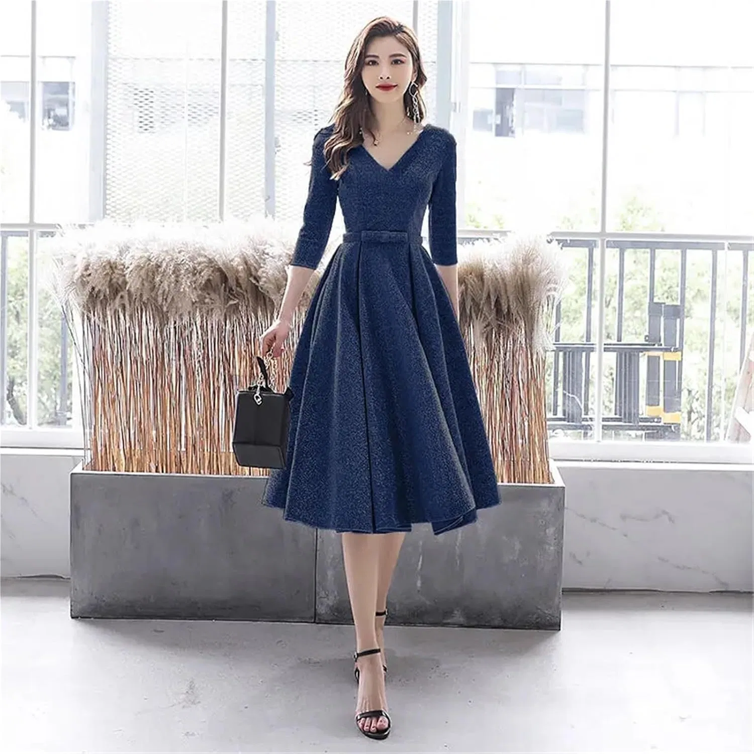 Женское вечернее платье макси с V-образным вырезом A-line, Navy Blue — фото 2