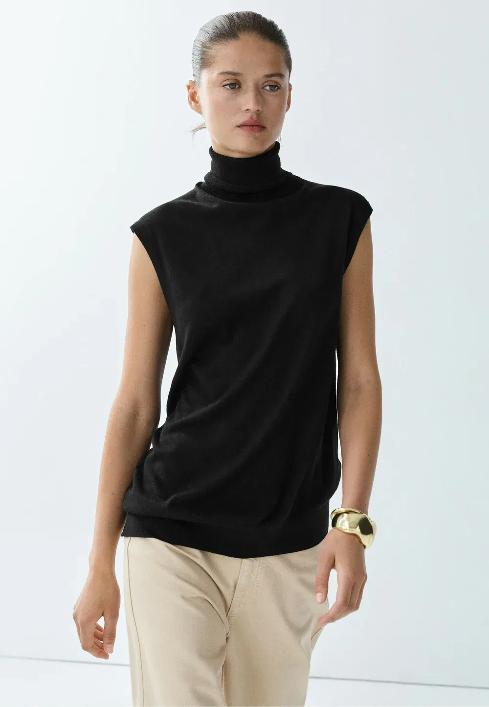 Водолазка с асимметричным подолом - футболка с принтом Massimo Dutti, Black