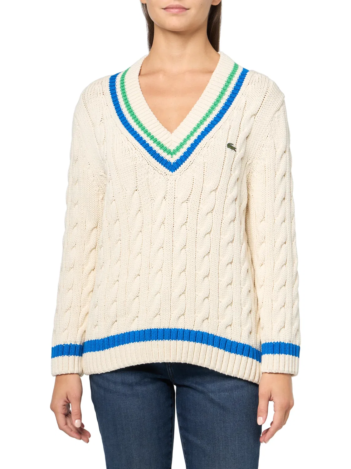 Женский пуловер с V-образным вырезом Lacoste, Flour/Blue/Green