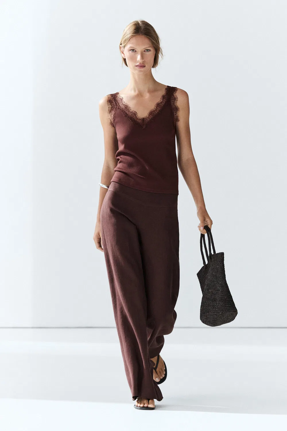 Топ Massimo Dutti Strappy Lace-Trim, коричневый