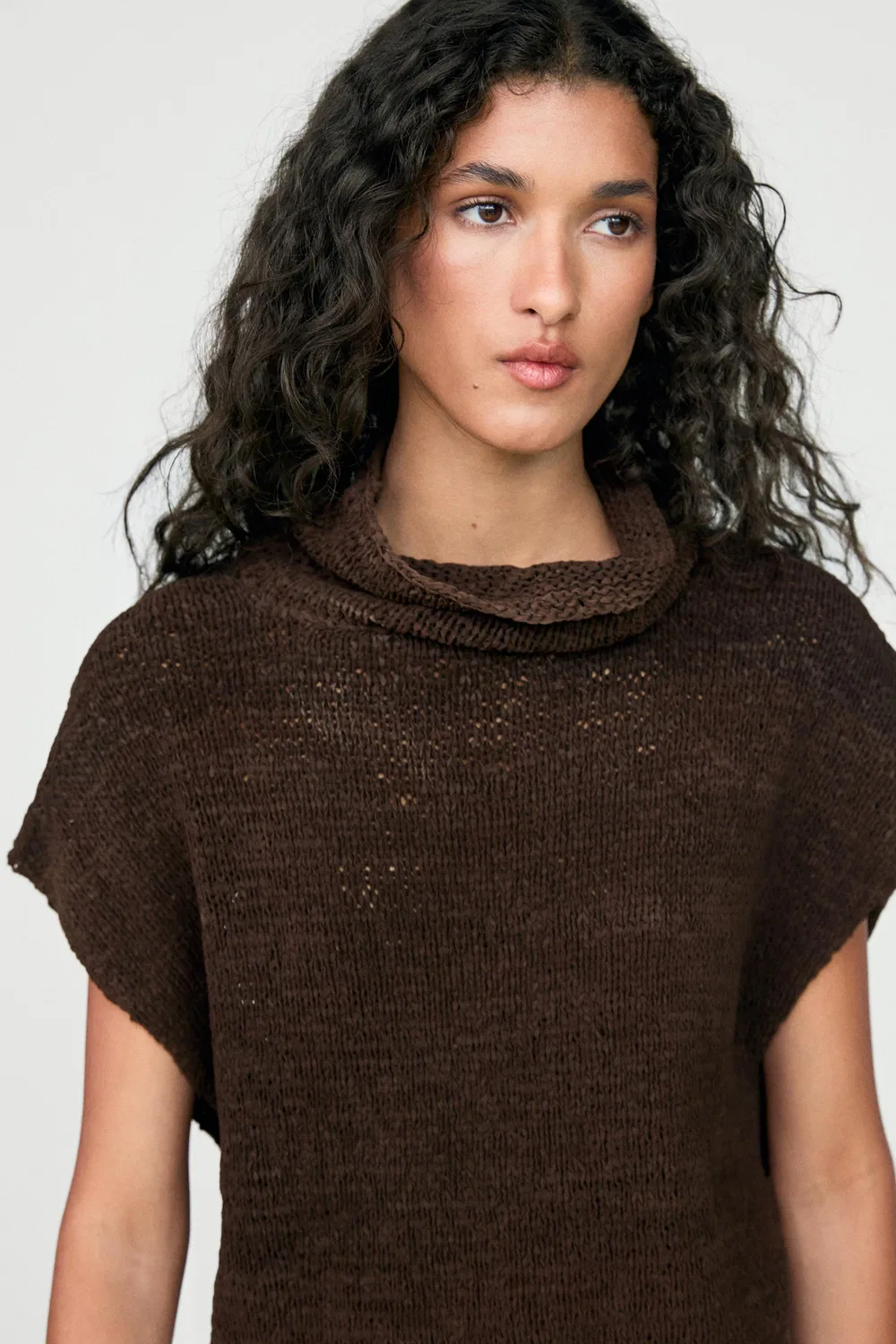 Вязаный кожаный трикотажный топ Massimo Dutti, коричневый — фото 3