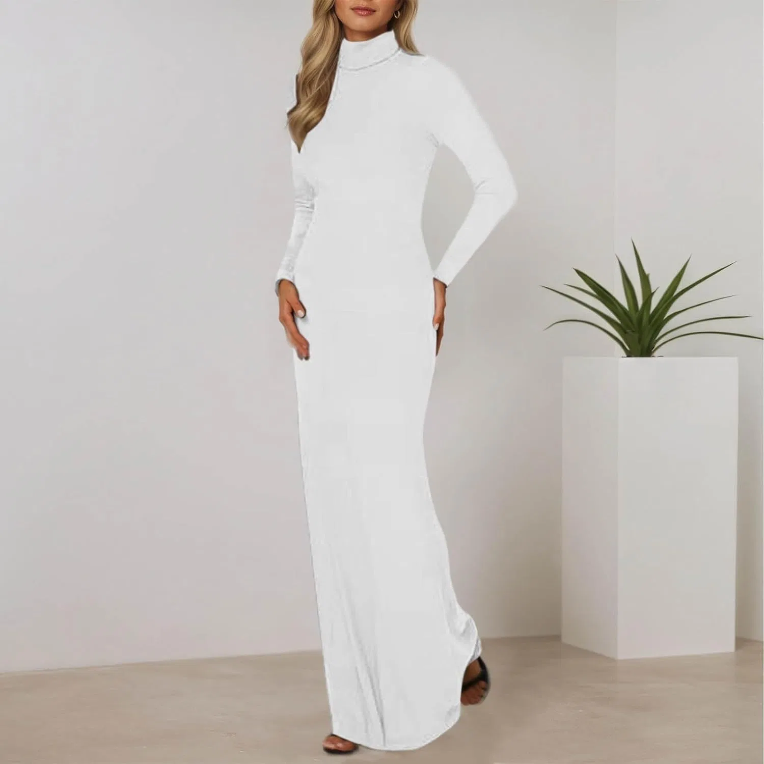 Женское облегающее платье с длинным рукавом Bodycon, White — фото 2