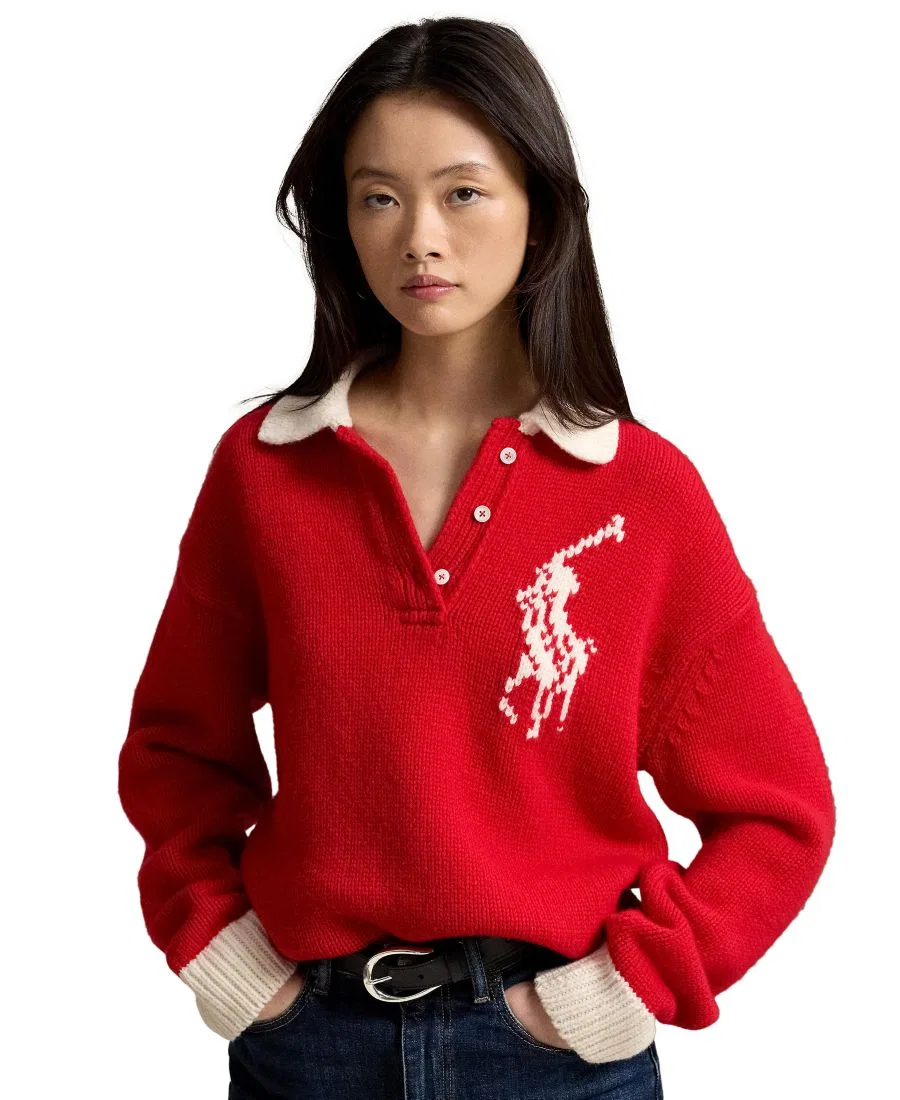 Свитер с воротником-поло из шерсти, модель Big Pony Rugby Polo Ralph Lauren, Red Cream