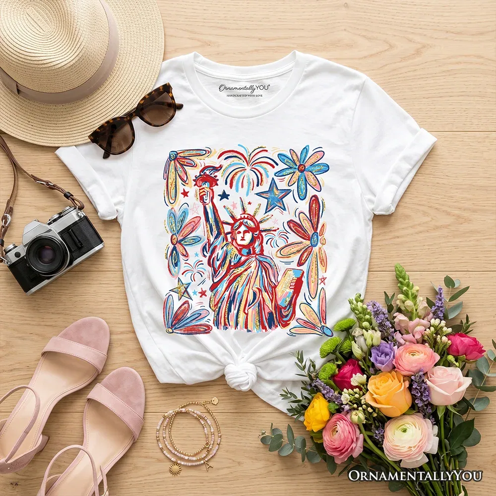 Детская футболка с принтом Statue of Liberty Patriotic Independence Day Tee OrnamentallyYou, White