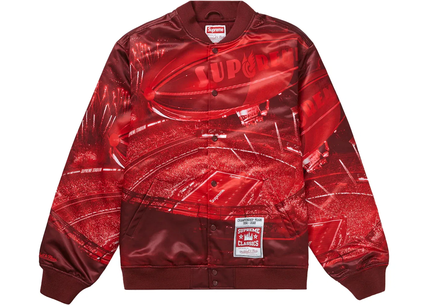 Мужская куртка-бомбер из сатина с принтом Supreme Mitchell & Ness Stadium Satin, Red