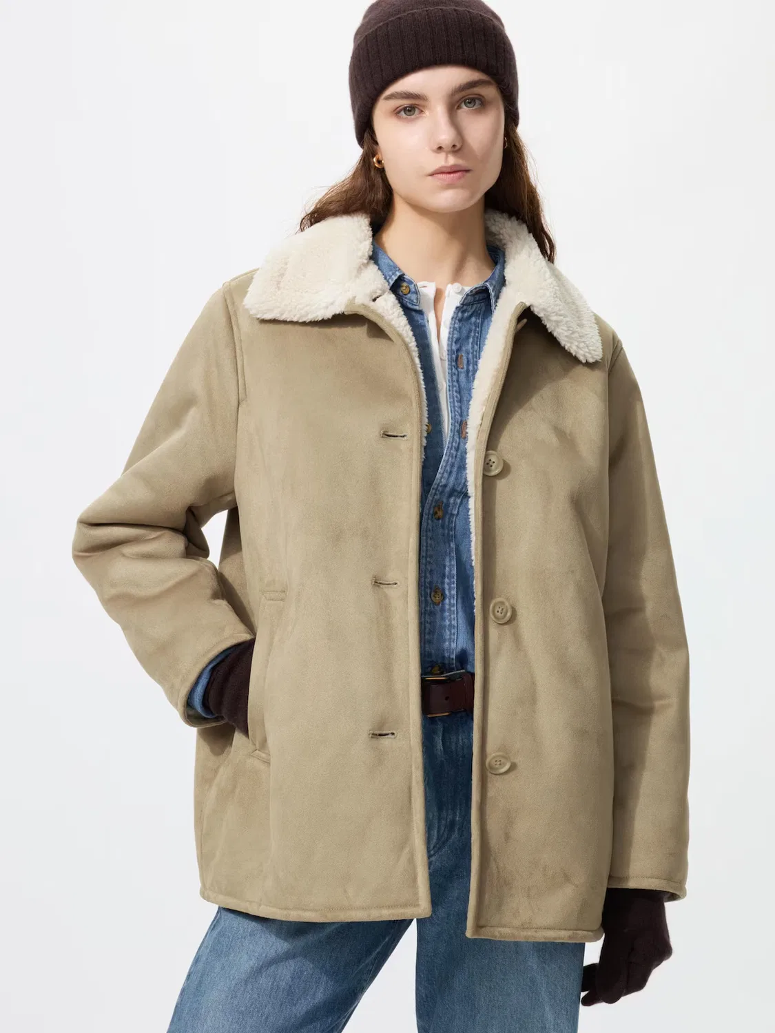 Пальто Uniqlo, полушерстяное из шерсти боа, мягкое и ворсистое, бежевый