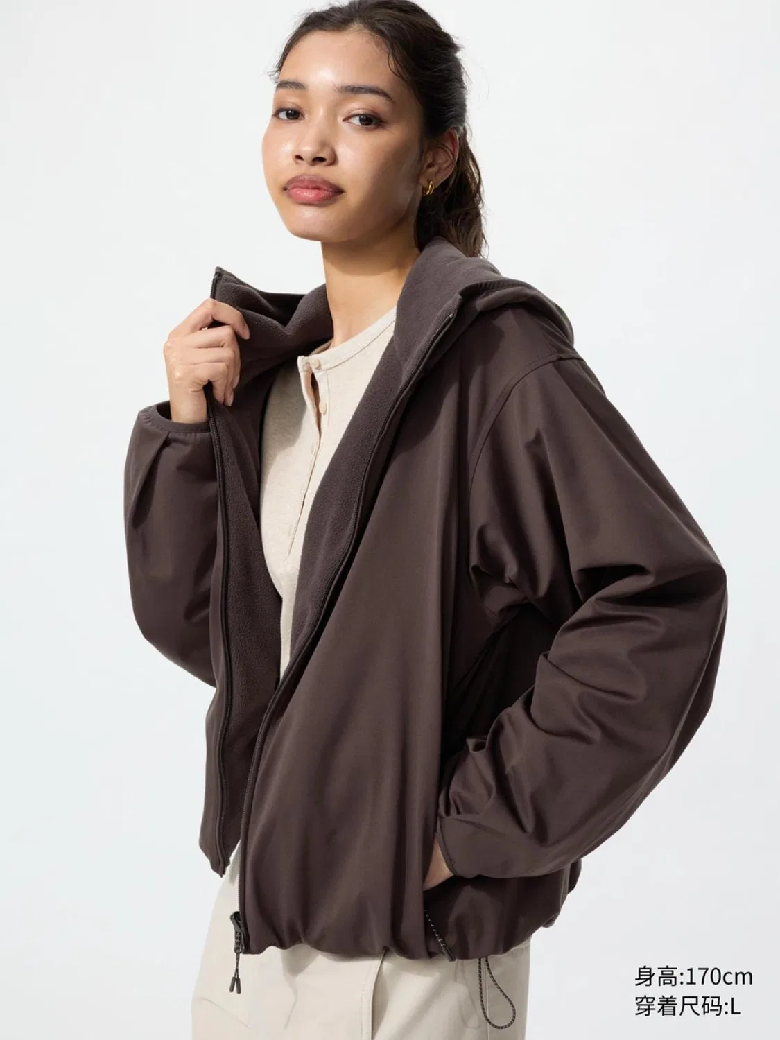 Куртка женская утепленная с капюшоном на молнии двусторонняя Uniqlo, коричнево-черный
