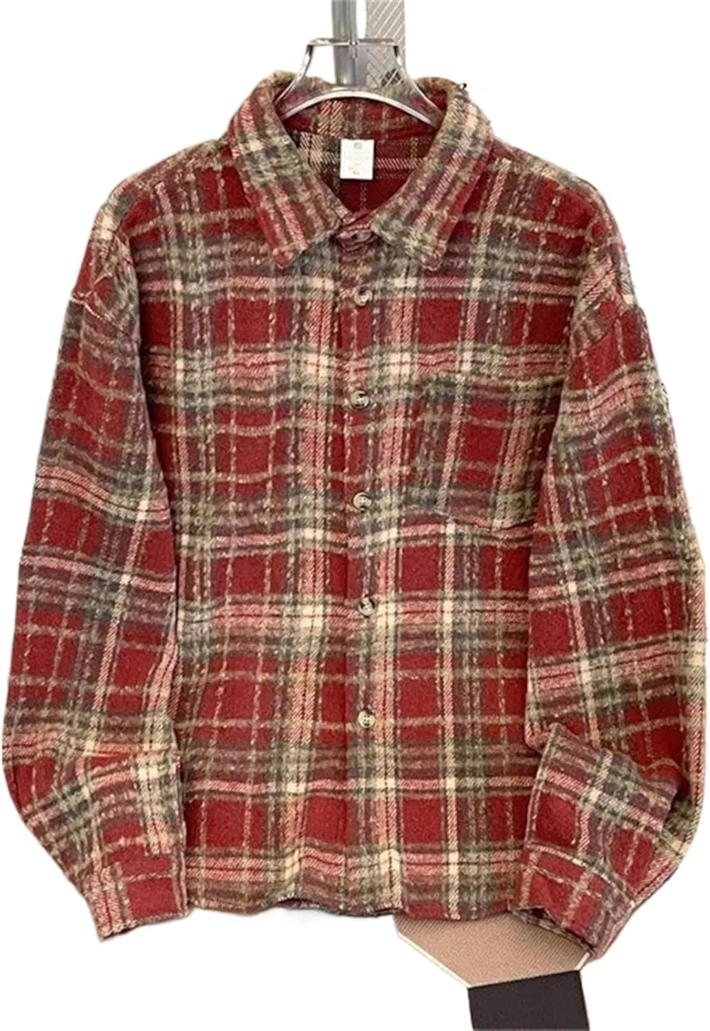 Блуза, клетчатая, Plaid Shirt Women's Long Sleeve Loose Thick Knit Blend Tops Autumn Winter Casual Boyfriend, красный