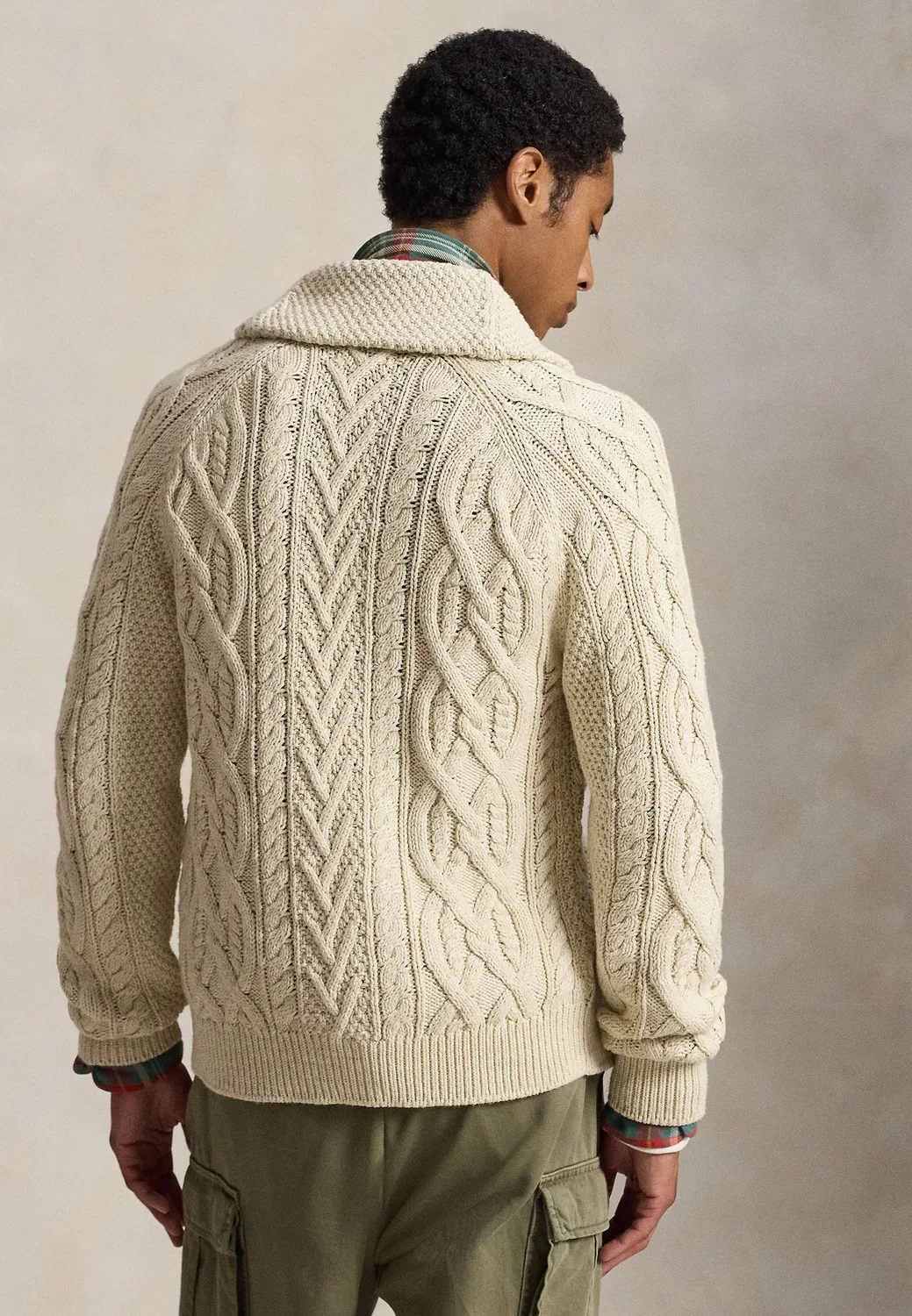 Хлопковый кардиган-шаль арановой вязки - кардиган Polo Ralph Lauren, Oatmeal Combo — фото 3
