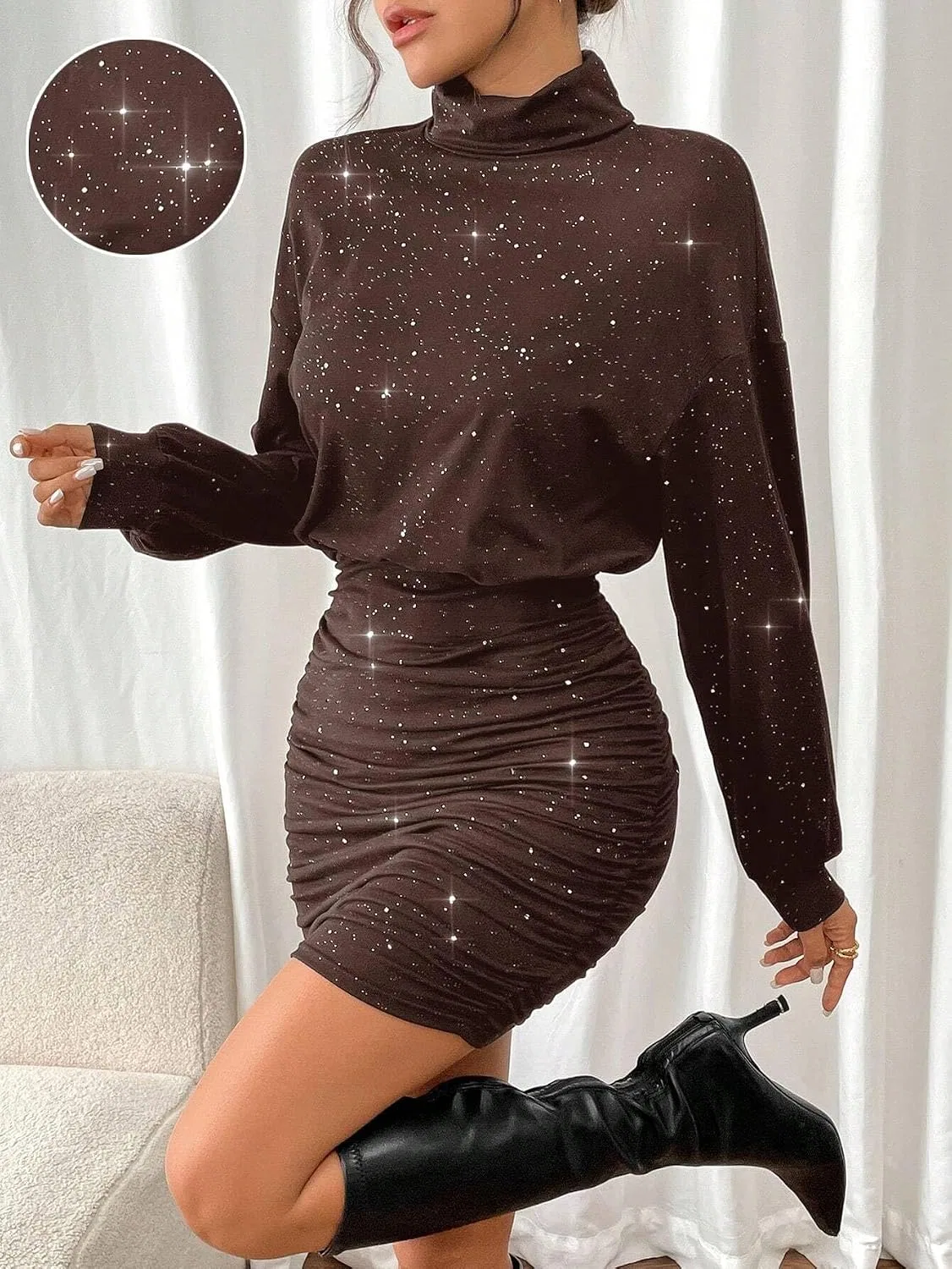 Женское облегающее мини-платье с принтом, Long Sleeve, Brown — фото 2