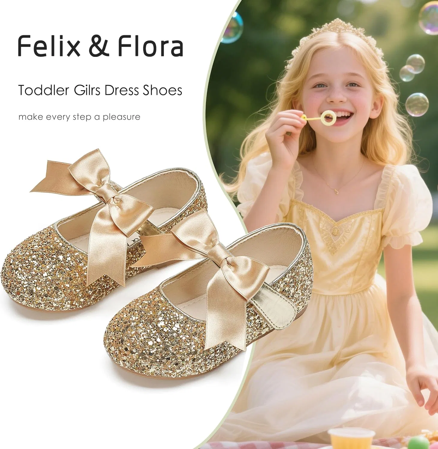 Детские туфли-балетки для девочек с цветочным принтом Felix & Flora, Glitter Gold — фото 4