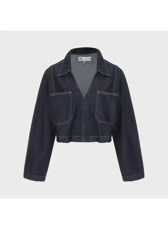 Рубашка джинсовая хлопковая с отложным воротником Zara, темно-синий — фото 2