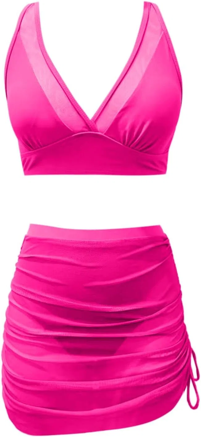 Женский бикини-комплект с высокой талией и сетчатой парео, Hot Pink — фото 4