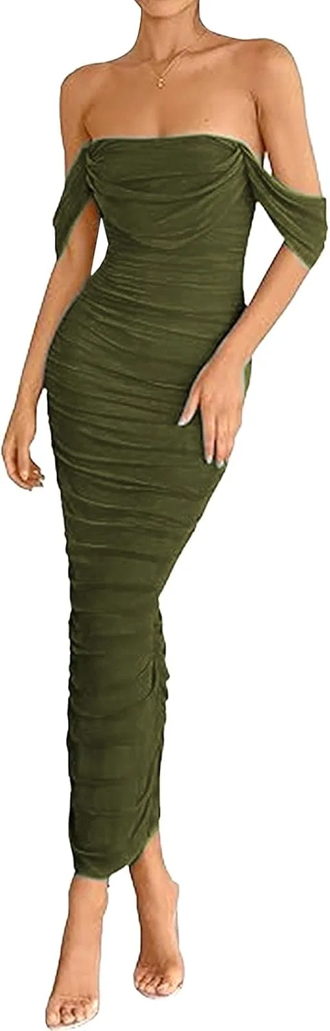 Женское вечернее платье макси с корсетом Off Shoulder, Army Green