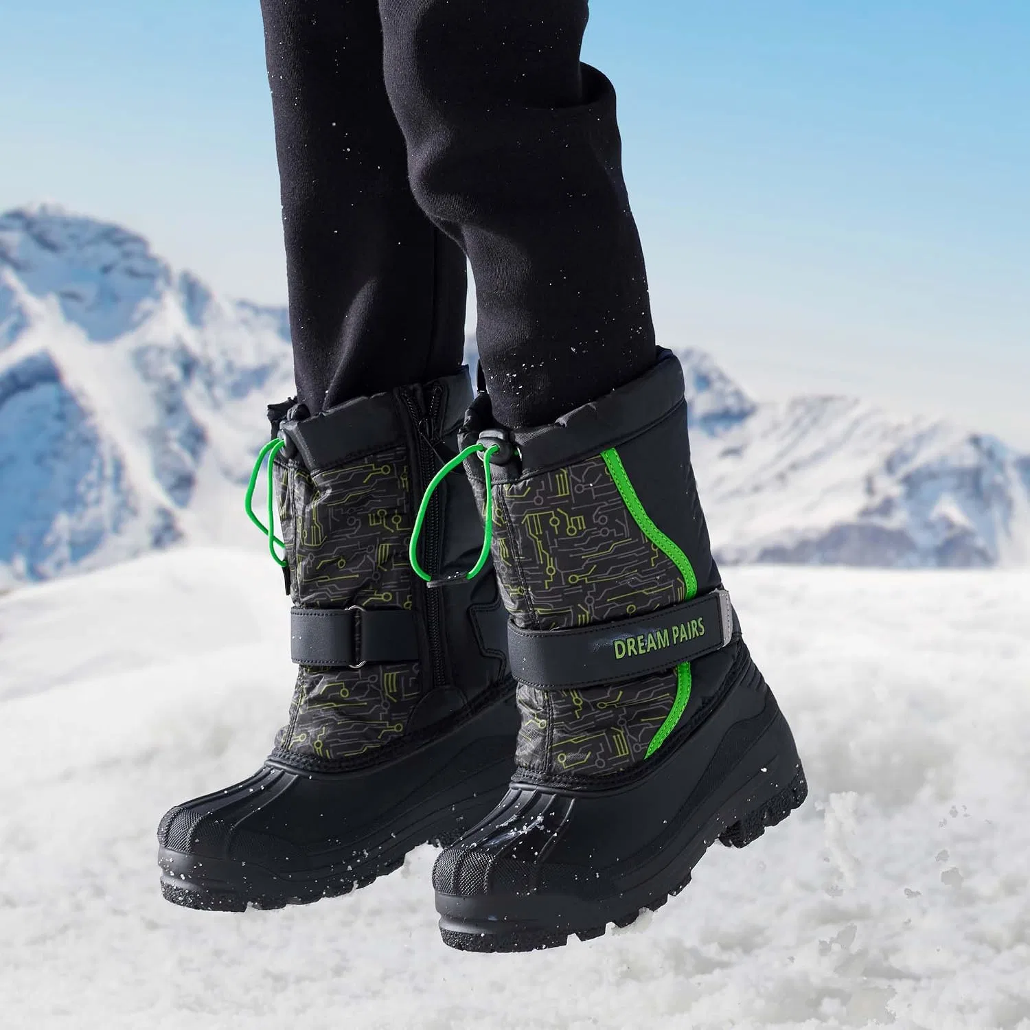 Детские зимние водонепроницаемые снежные ботинки DREAM PAIRS, Black/Green — фото 2