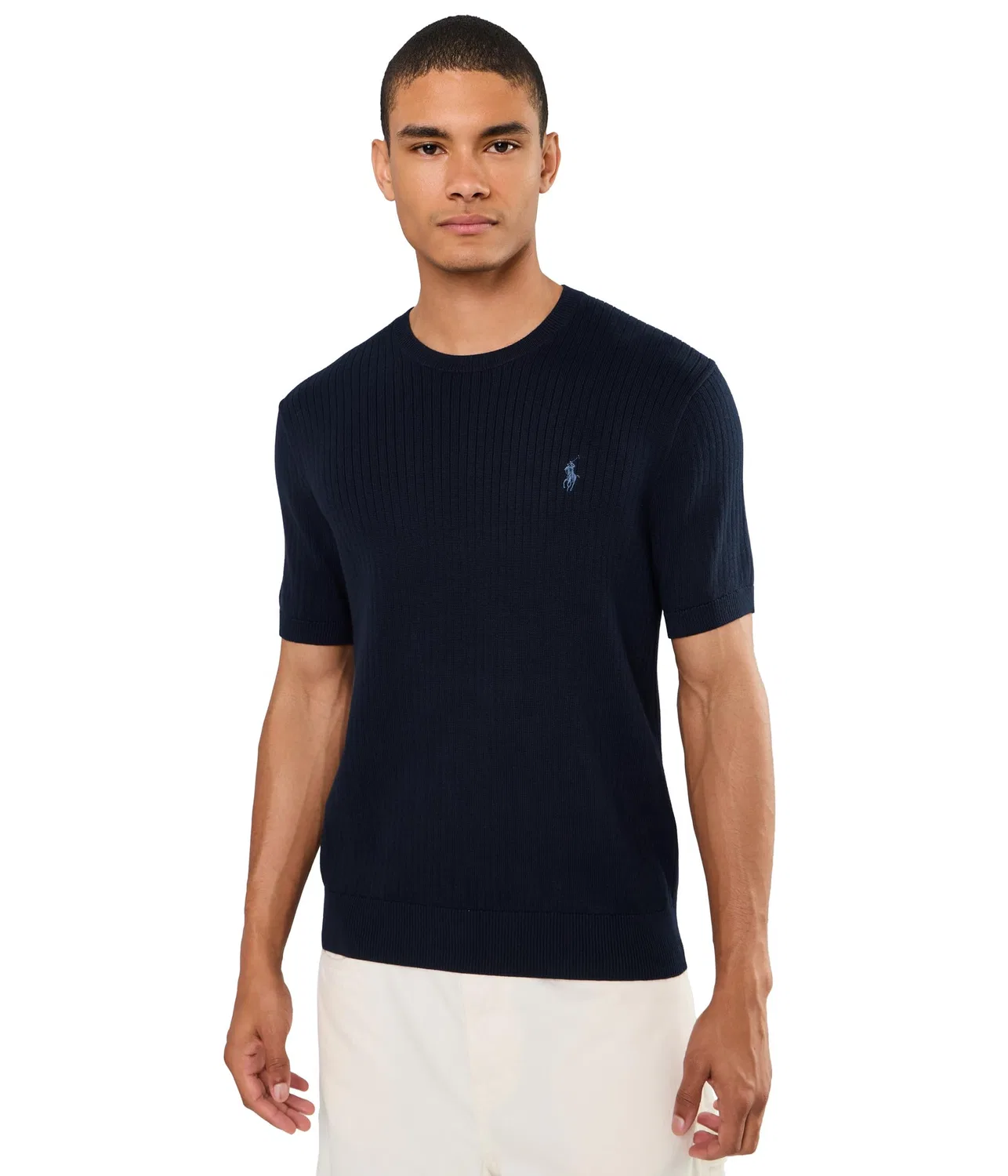 Хлопковый свитер с коротким рукавом в рубчик Polo Ralph Lauren, Hunter Navy