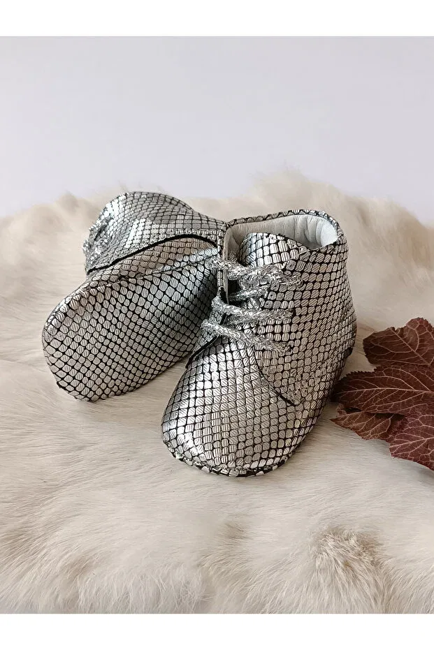 Детские пинетки для девочек из натуральной кожи Silver printed genuine leather baby booties Hodore, Silver Printed — фото 3