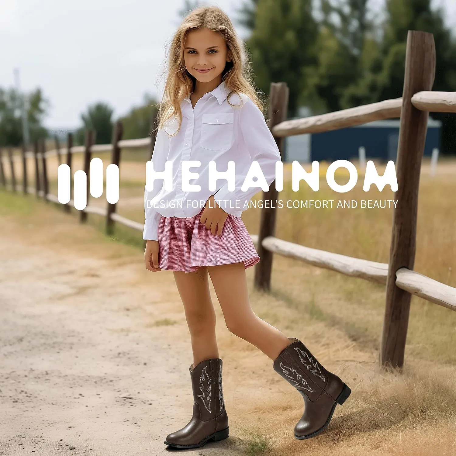 Детские сапоги для девочек с вышивкой Cowgirl Boots Hehainom, Brownpu — фото 3
