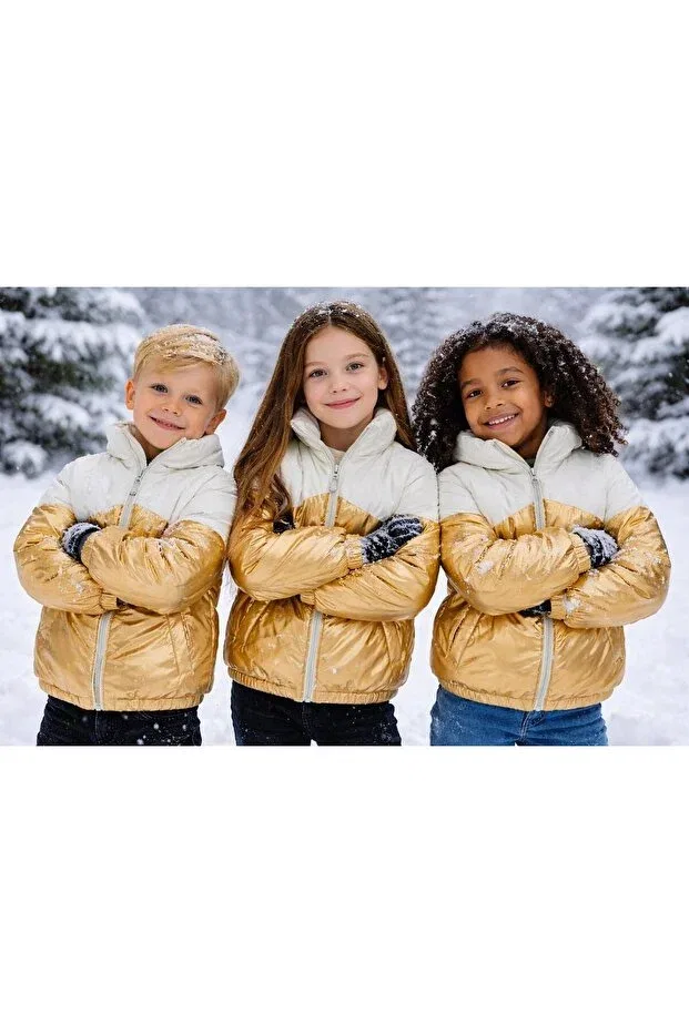 Детское пальто для девочек утепленное Timburly, White - Matte Yellow — фото 2