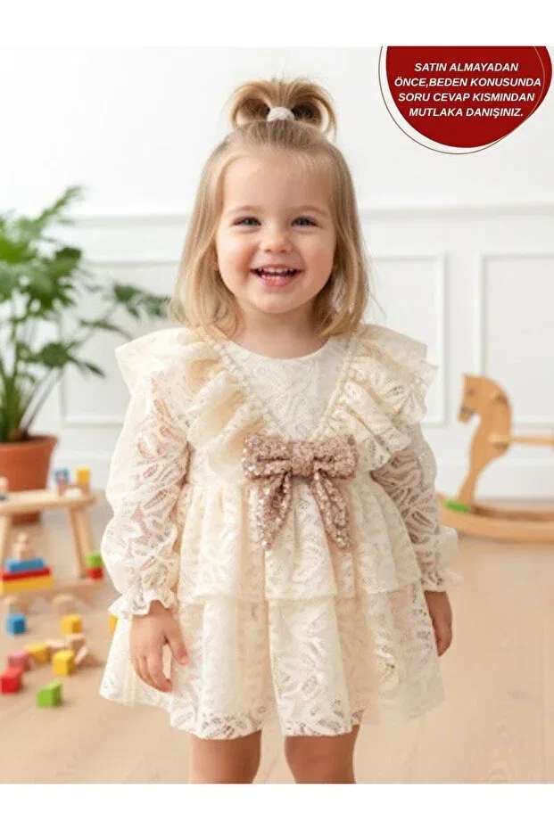 Детское платье для девочек кружевное Lola baby girl lace detailed long sleeve special occasion holiday evening dress Aysskids, Ecru