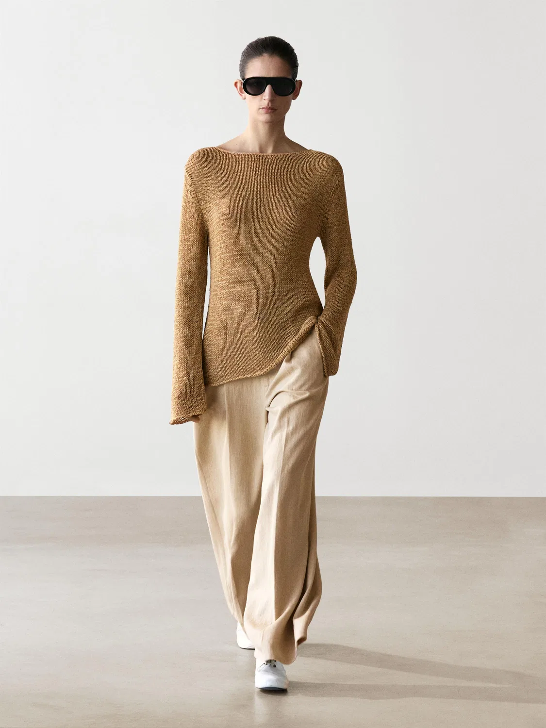 Вязаный свитер с вырезом-лодочкой из смесовой хлопковой ткани Massimo Dutti, Ochre