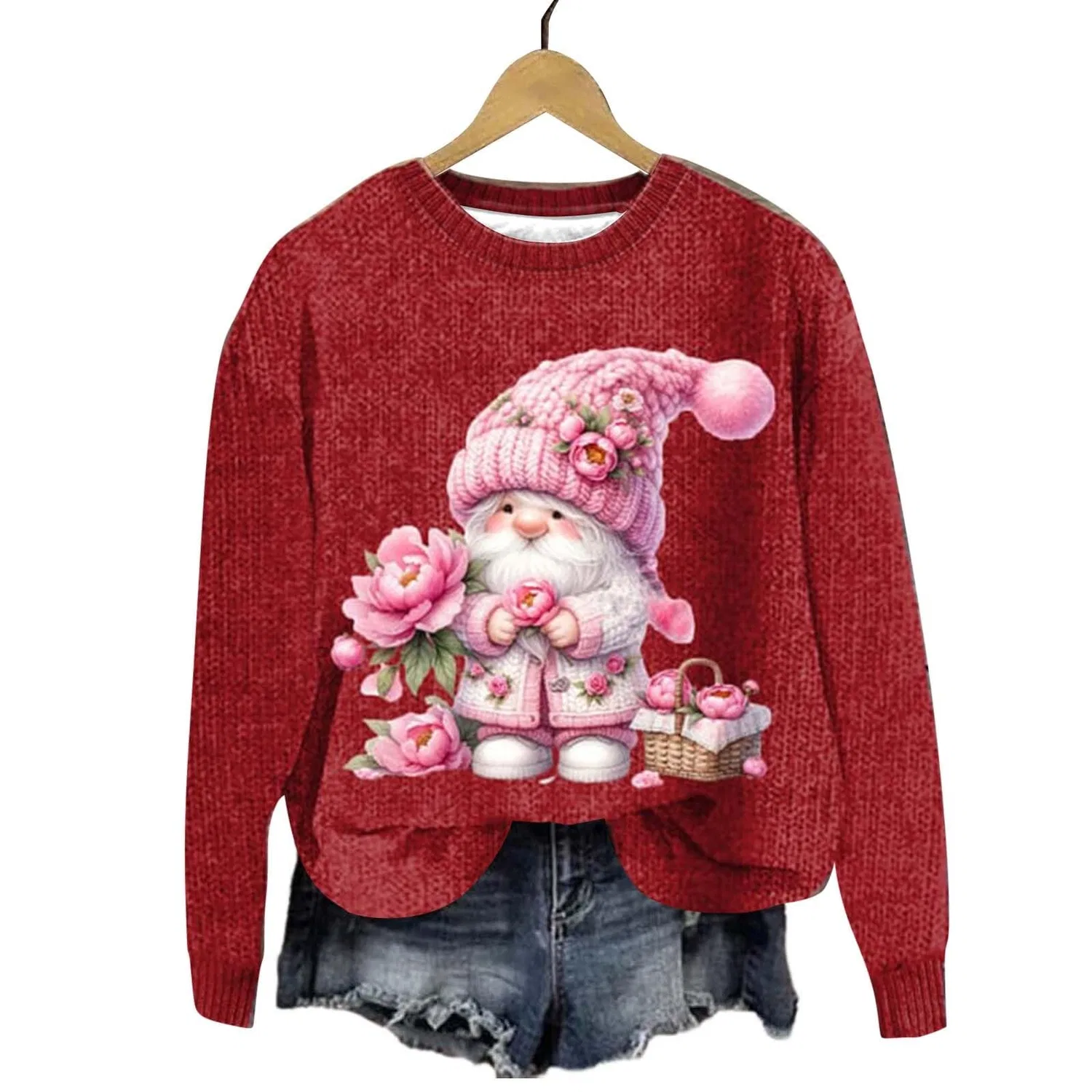Женский свитшот с принтом Ugly Santa Claus Sweater, Z04 Red — фото 2