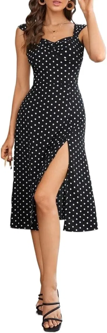 Женское элегантное платье-миди с воланами и разрезом Polka Dot, Black — фото 4