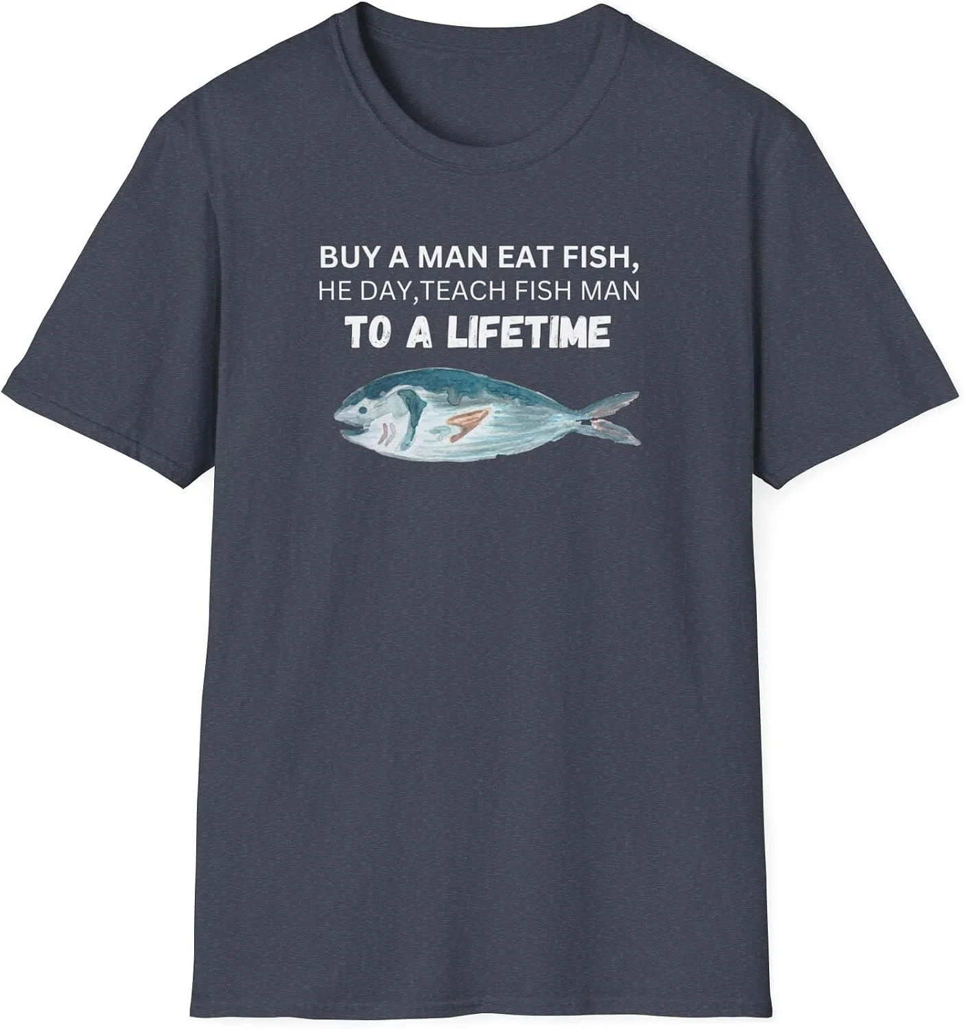Мужская футболка с принтом Buy a Man Eat Fish, тёмно-синий меланж