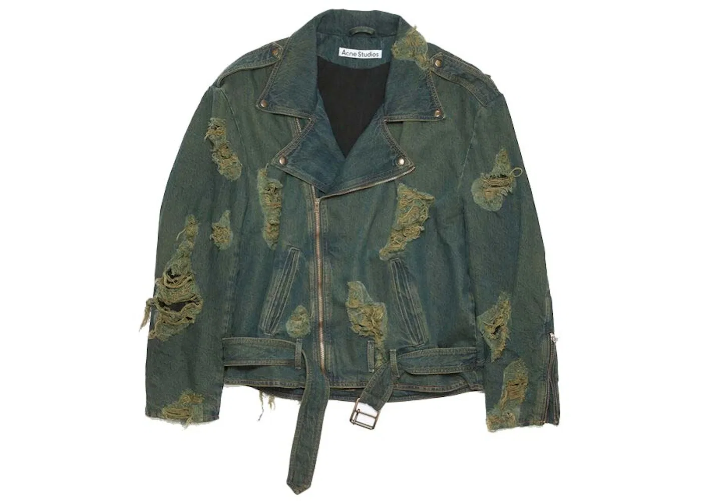 Женская джинсовая куртка-байкер с потертостями Acne Studios, Blue/Green