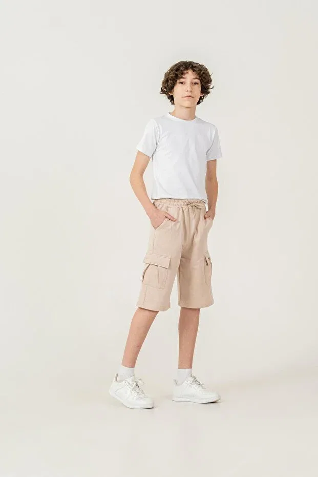 Детские шорты для мальчиков с принтом Double cargo pockets left pocket cover Mışıl Kids, Beige