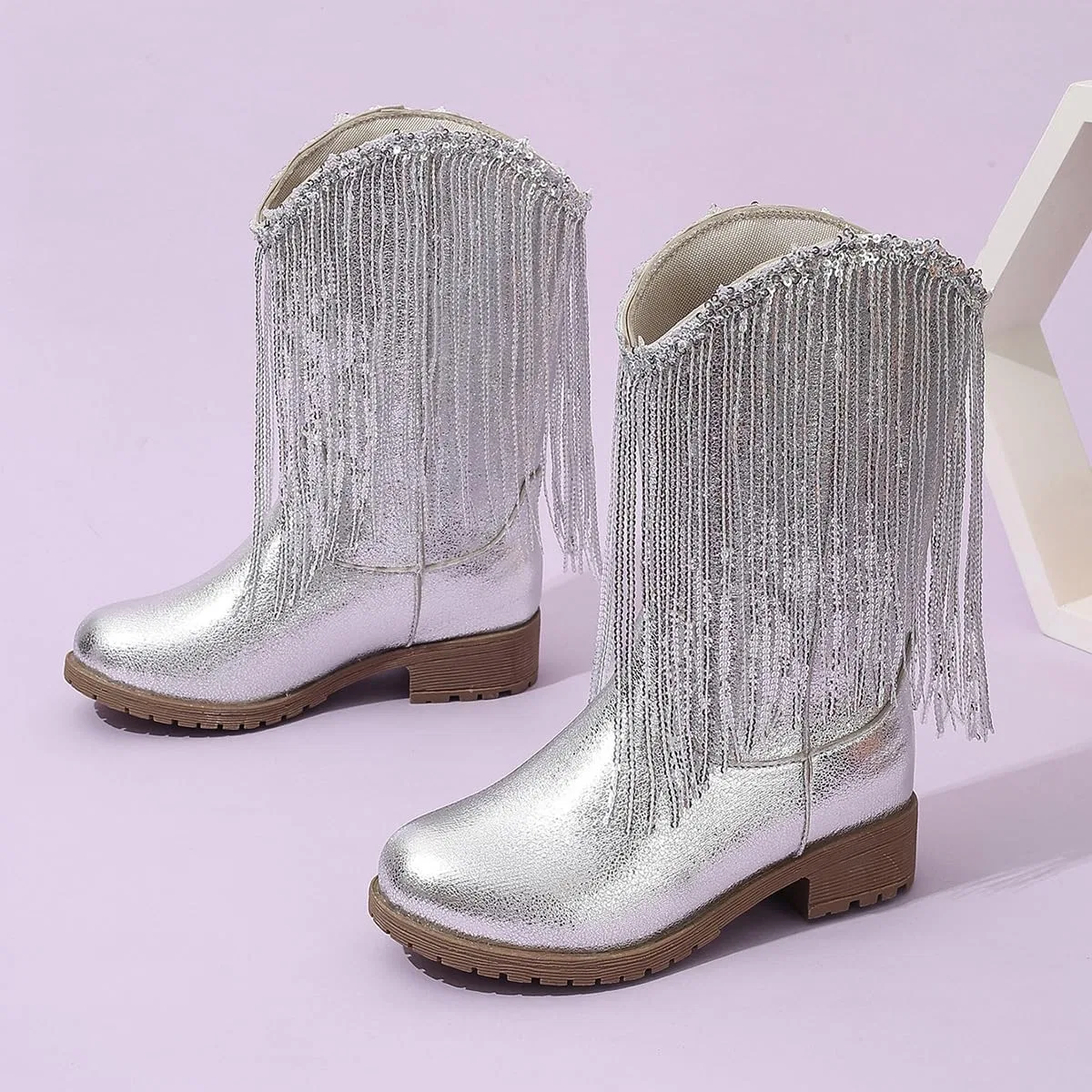 Детские зимние сапоги для девочек с кисточками и пайетками Princess Boots Auhoho, Silver — фото 3