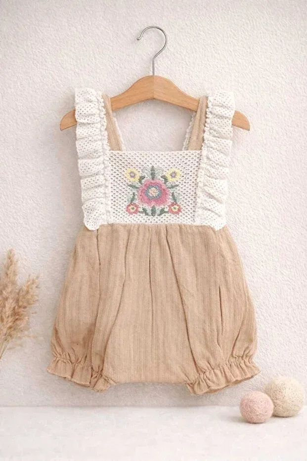Детский комбинезон для девочек с кружевом Eid Summer Lace Embroidered Strappy Muslin Krm Kerem Bebe, Beige — фото 4