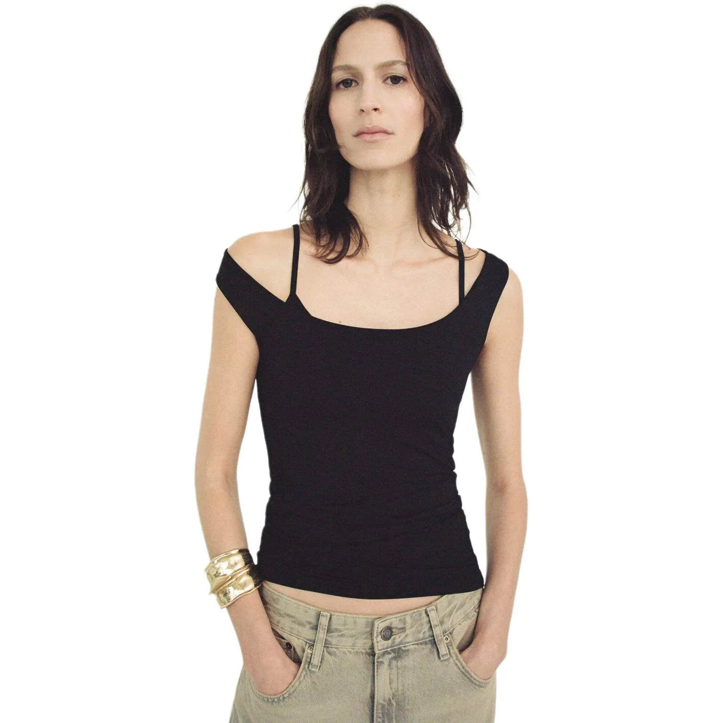 Женская футболка с квадратным вырезом, свободного кроя, Black, ZARA — фото 4