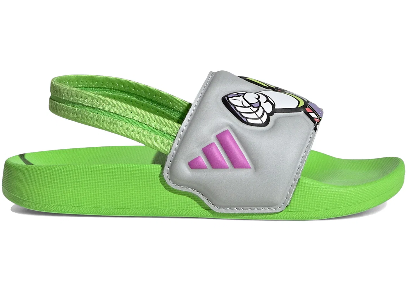 Детские сланцы с принтом Adidas Adilette Estrap Slides Disney Pixar Toy Story Buzz Lightyear, Semi Solar Green/Purple Burst/Grey Two