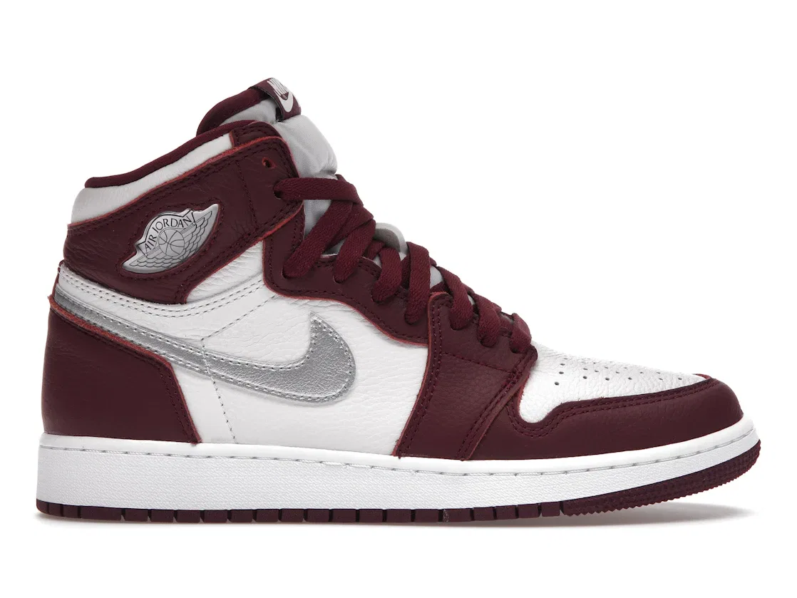Детские кроссовки для мальчиков высокие с принтом Jordan 1 Retro High OG Bordeaux Jordan, Bordeaux/White-Metallic Silver