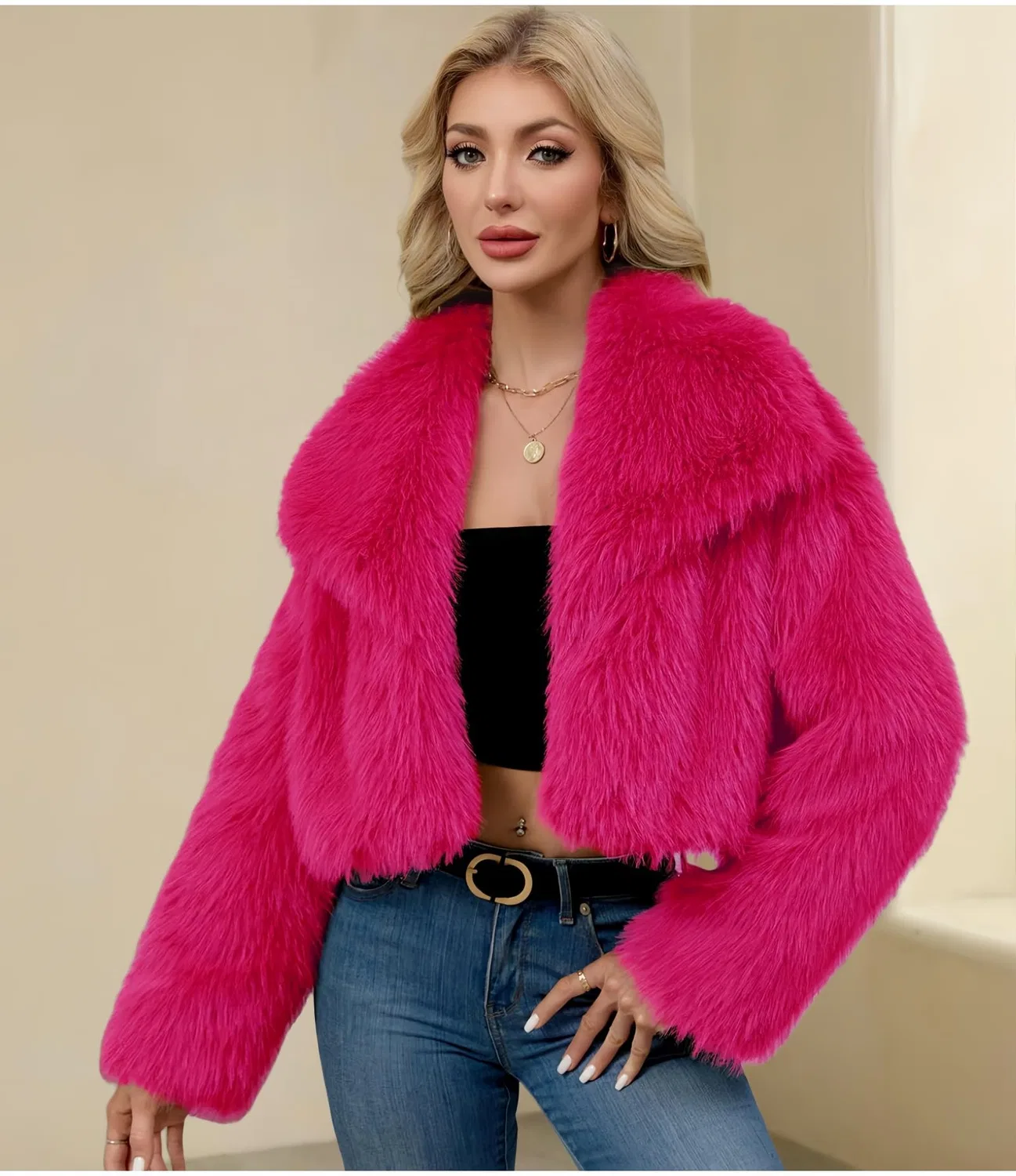 Женское пальто из искусственного меха с коротким воротником, Rosso rosato — фото 3
