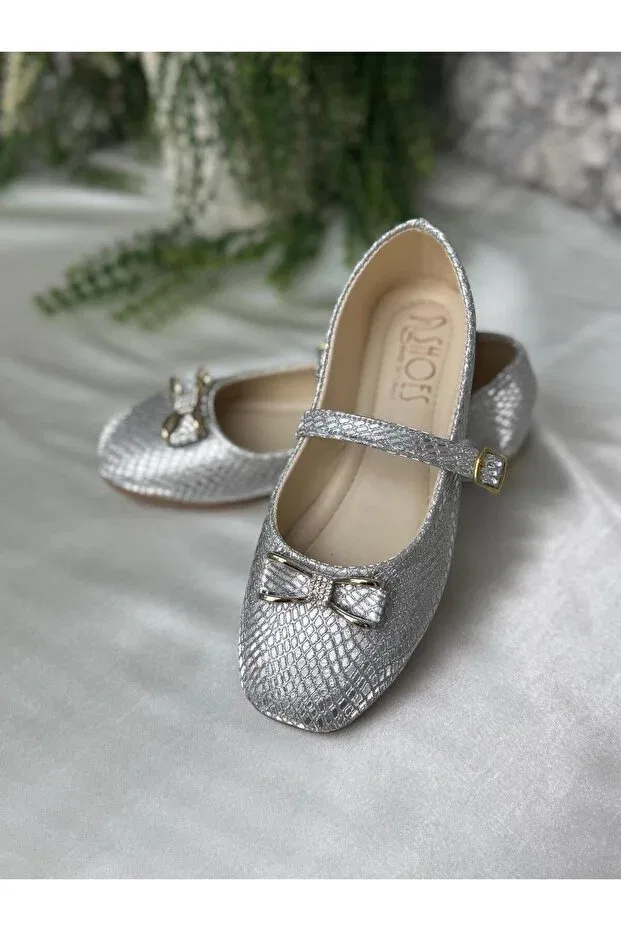 Детские балетки для девочек с бантом, Shoes, Silver