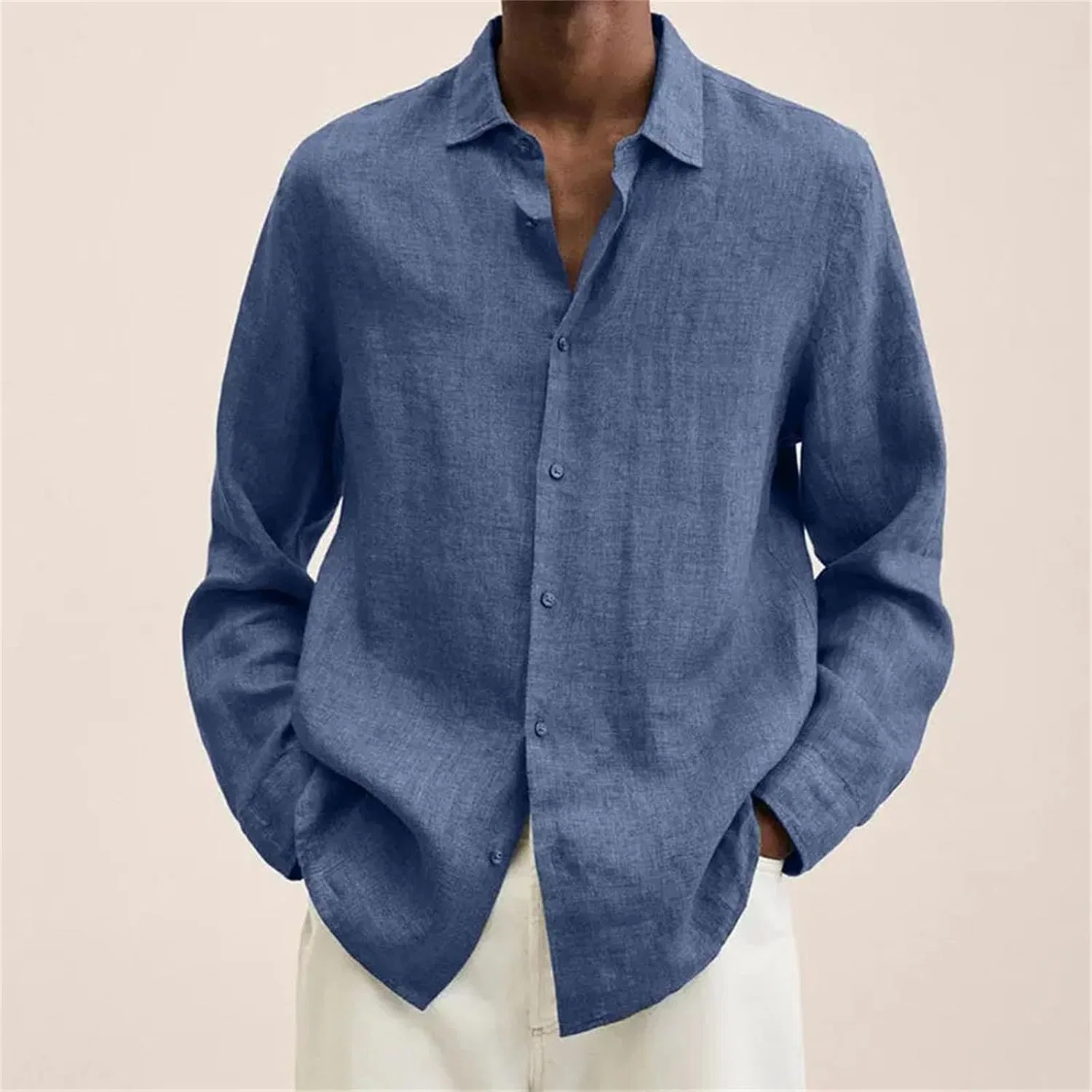 Мужская рубашка с длинным рукавом, модель Simple Linen, синий — фото 3