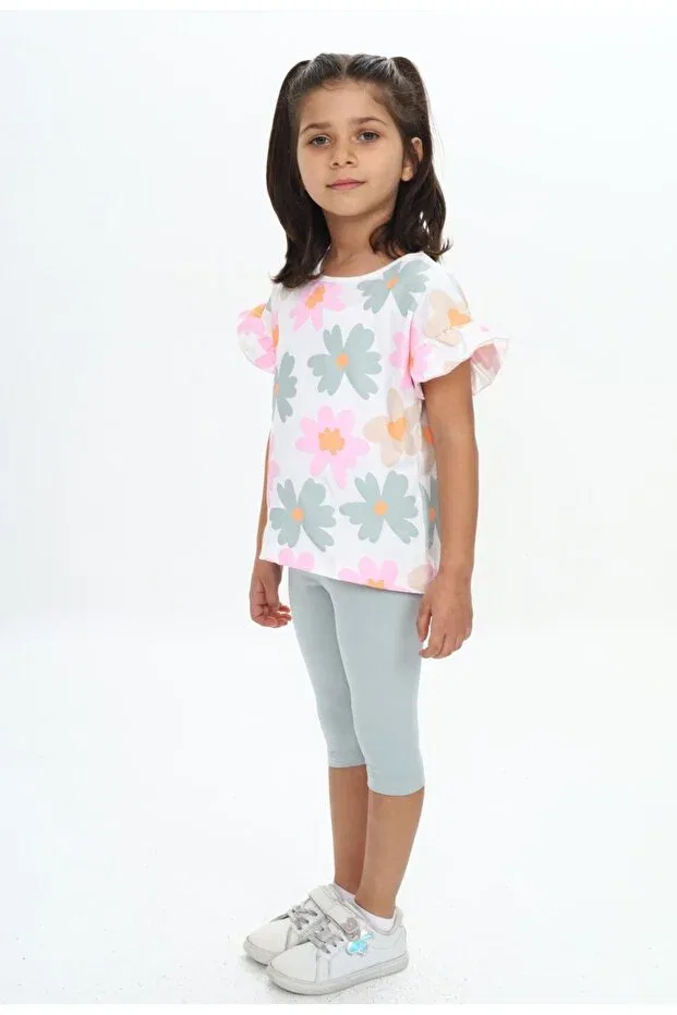 Детский комплект для девочек с принтом Girl'S Sleeve Ruffle Detailed Floral Printed Capri Suit Toontoy, Green — фото 4