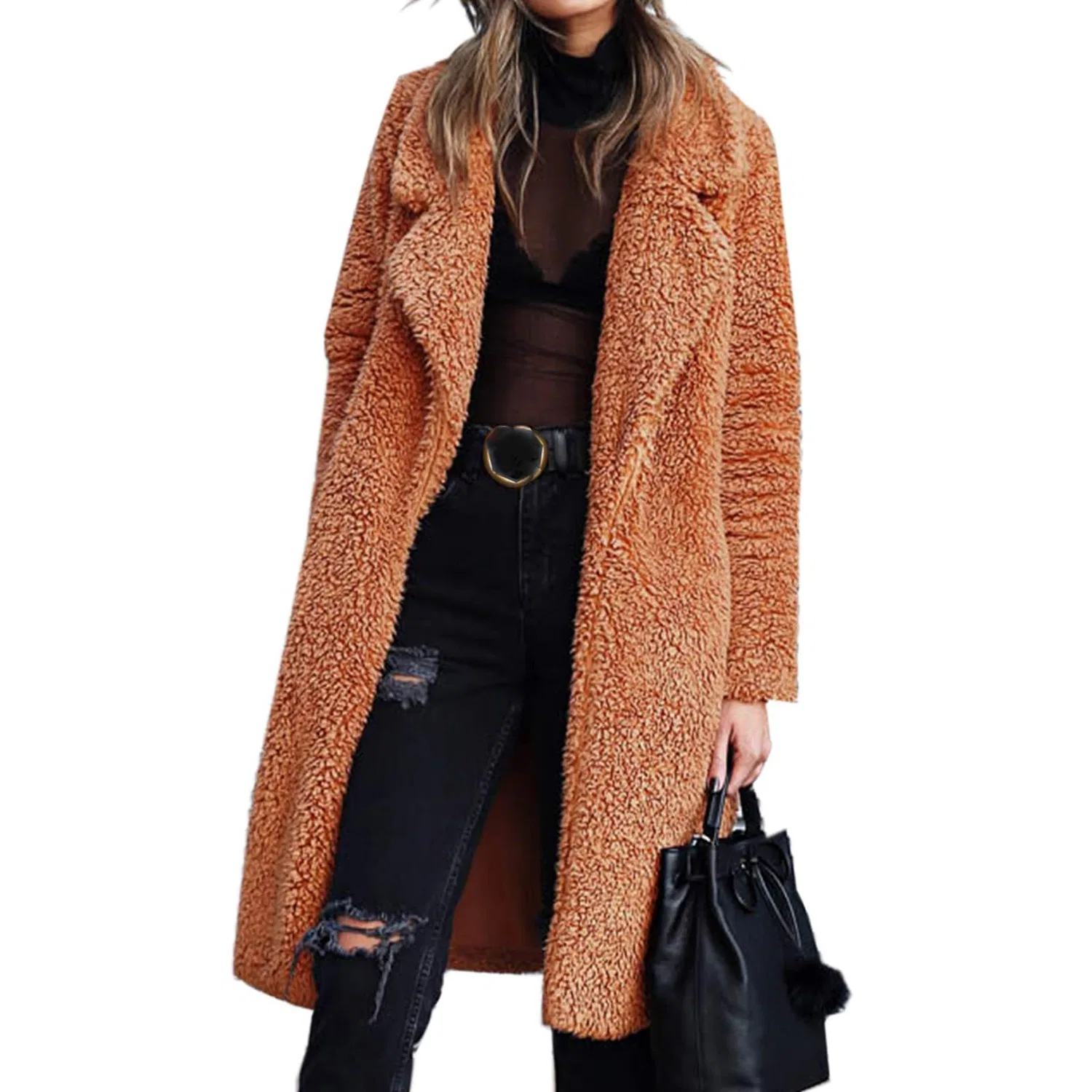 Женское пальто из флиса с открытым передом и длинным рукавом, Colore: caramello
