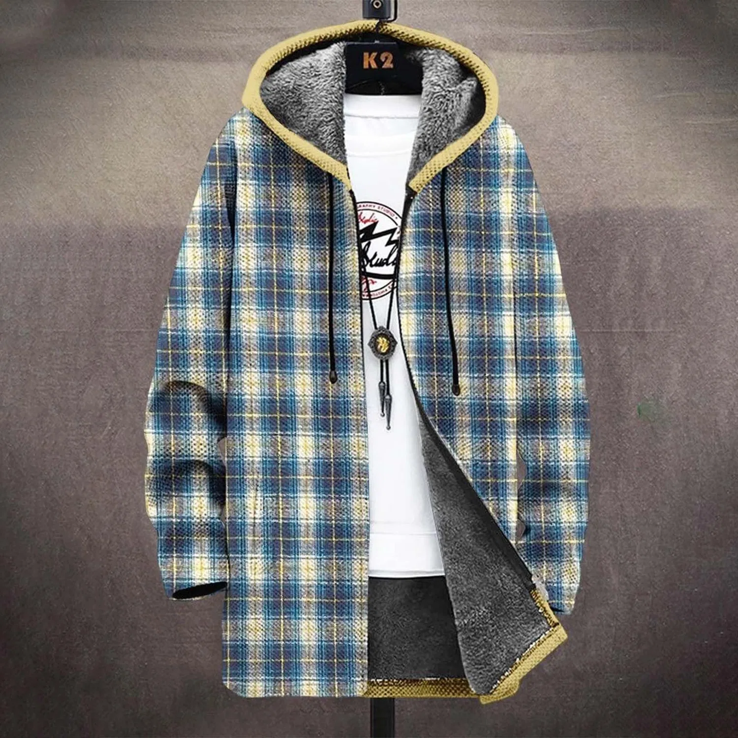 Мужское пальто с капюшоном из шерсти, Cardigan Wool Zipper Cardigan with Hood, Beige-k — фото 2