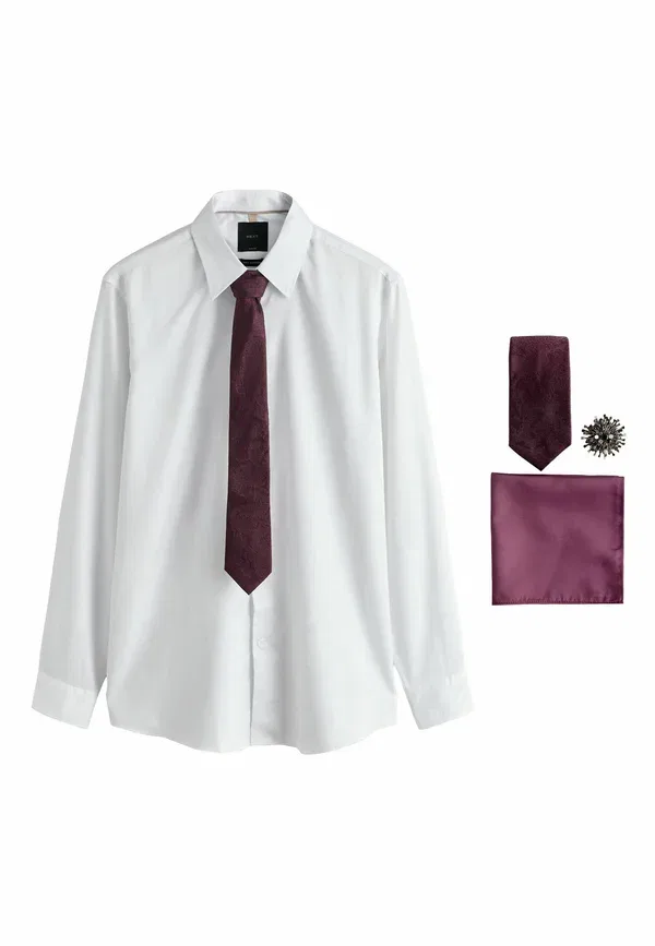Комплект из рубашки и галстука-бабочки, хлопок, Slim fit - occasion shirt and bow tie pack set, Next, burgundy red, white, белый/красный/бордовый — фото 3