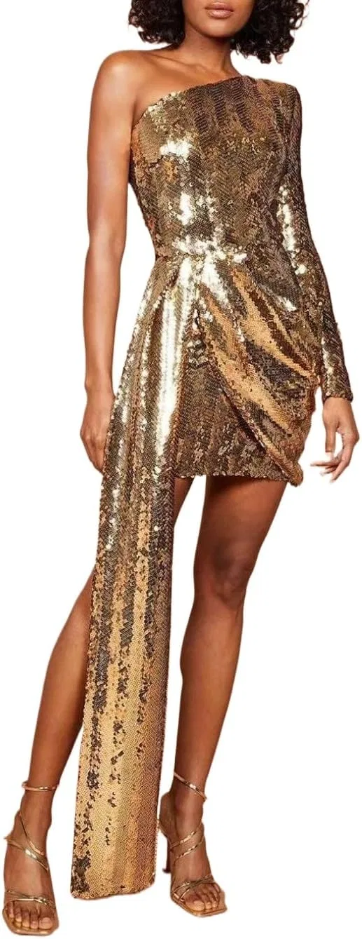 Женское золотое платье с пайетками с одним плечом, рюшами, Bodycon, Gold