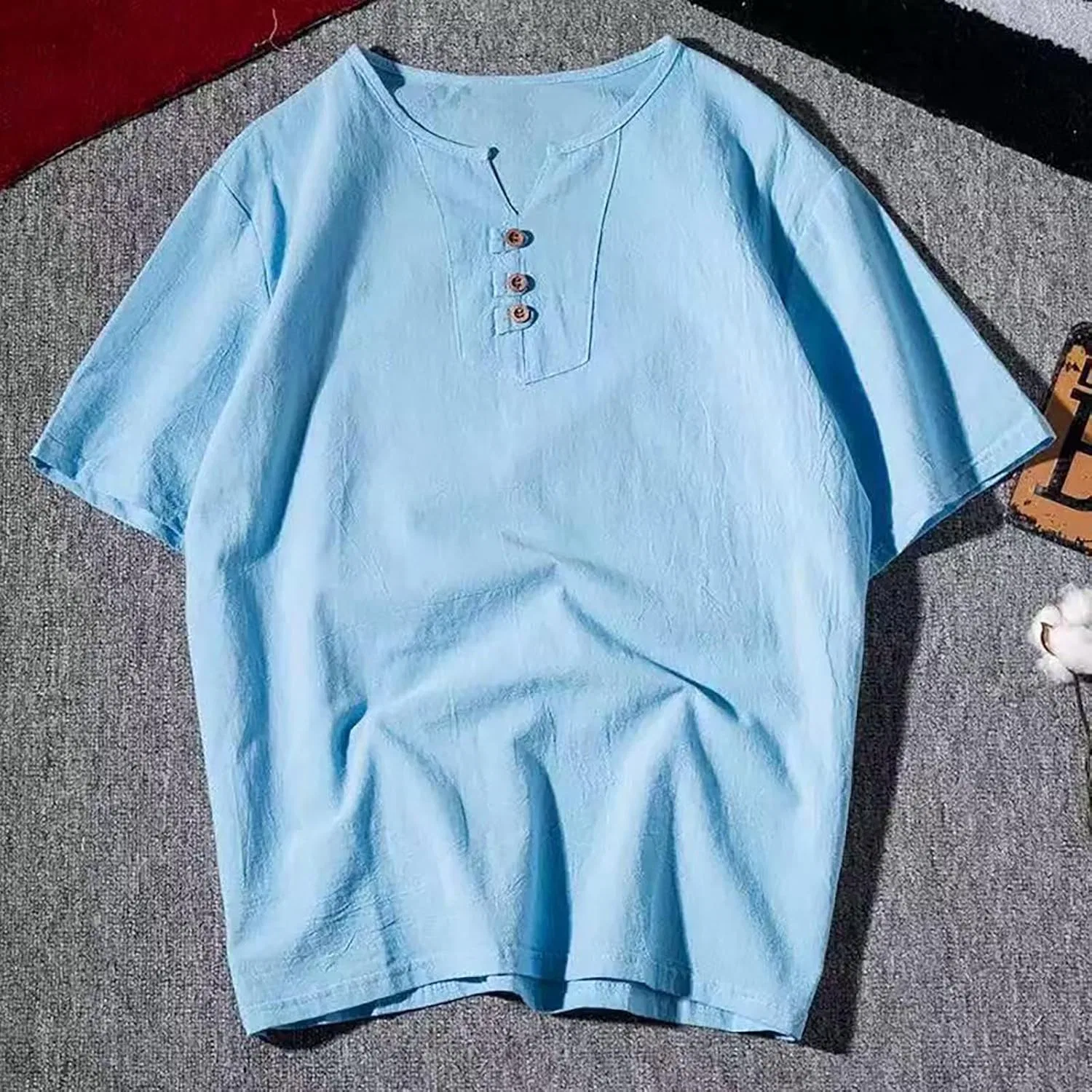 Мужская хлопковая футболка-поло Henley с V-образным вырезом Regular-Fit, Blue — фото 2