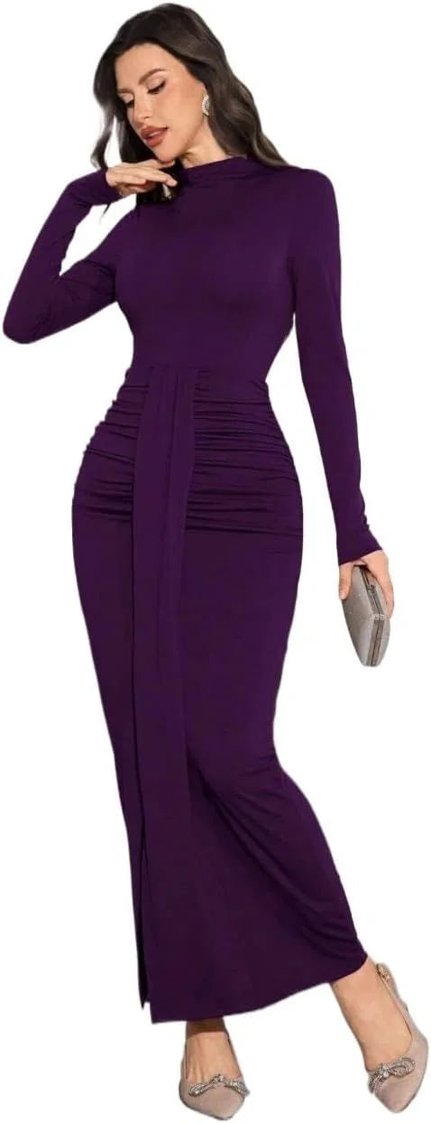 Женское элегантное платье миди с высоким воротником-стойкой Slimming Fit, Purple — фото 2