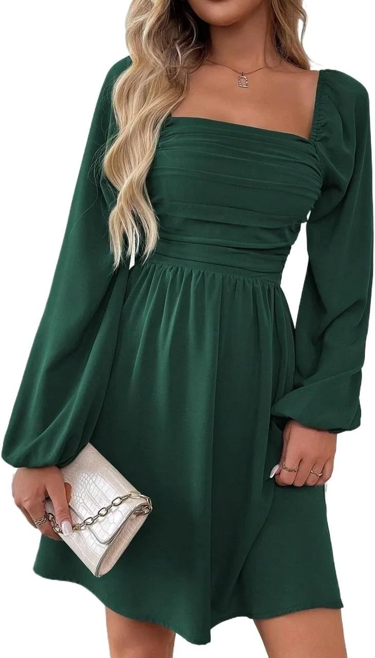 Женское мини-платье с квадратным вырезом Zhangwu, Dark Green