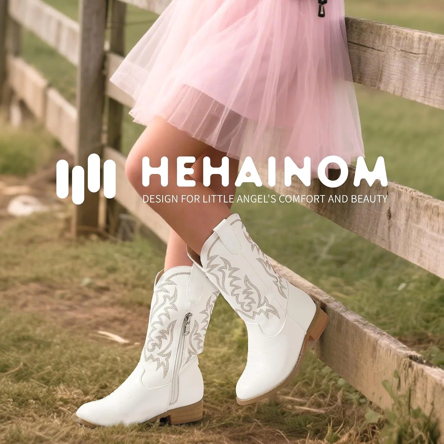 Детские сапоги с вышивкой Cowgirl Cowboy для девочек и мальчиков Hehainom, White — фото 2