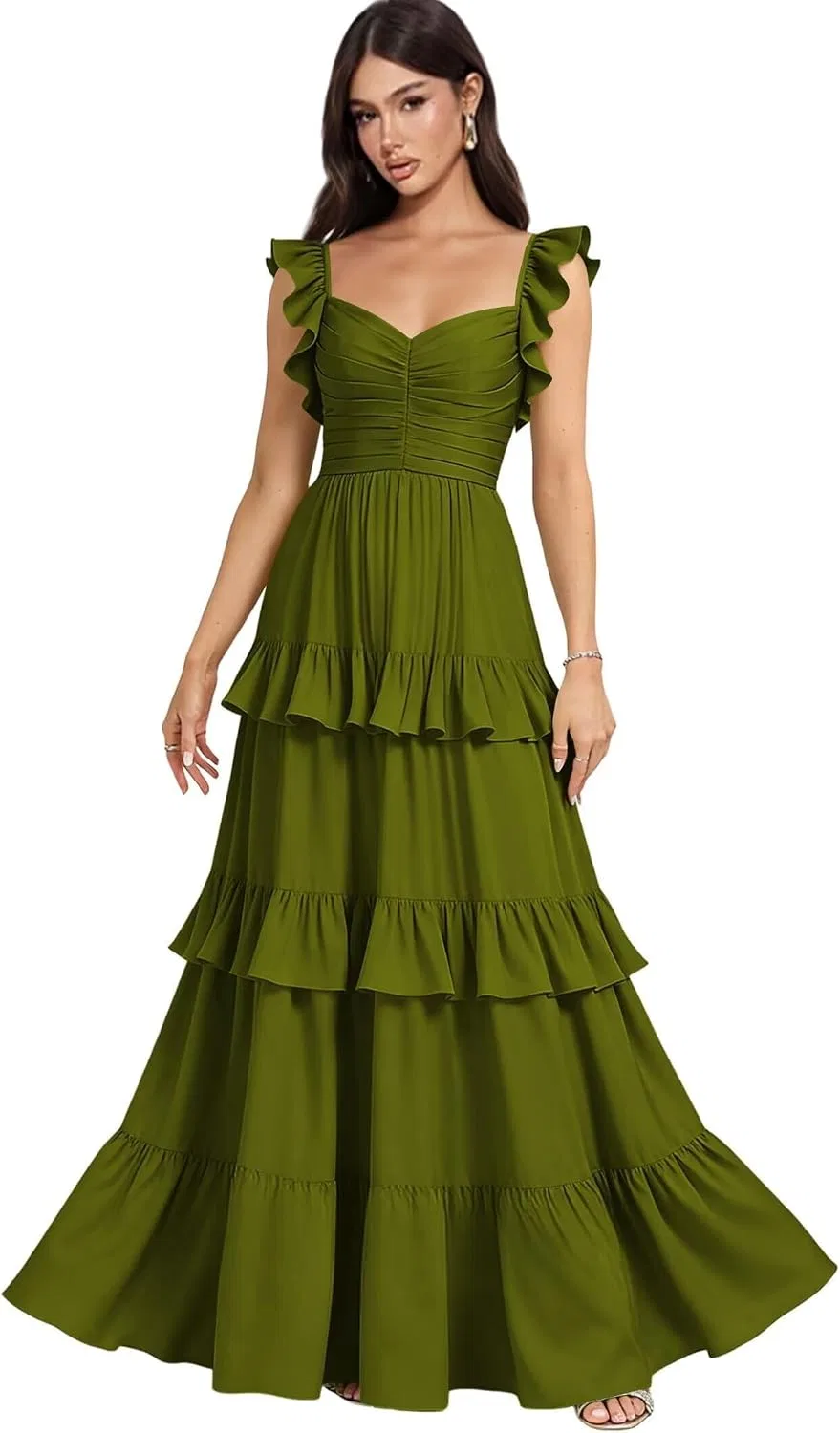 Женское длинное платье A-силуэта с воланами на бретелях-спагетти Olive Green
